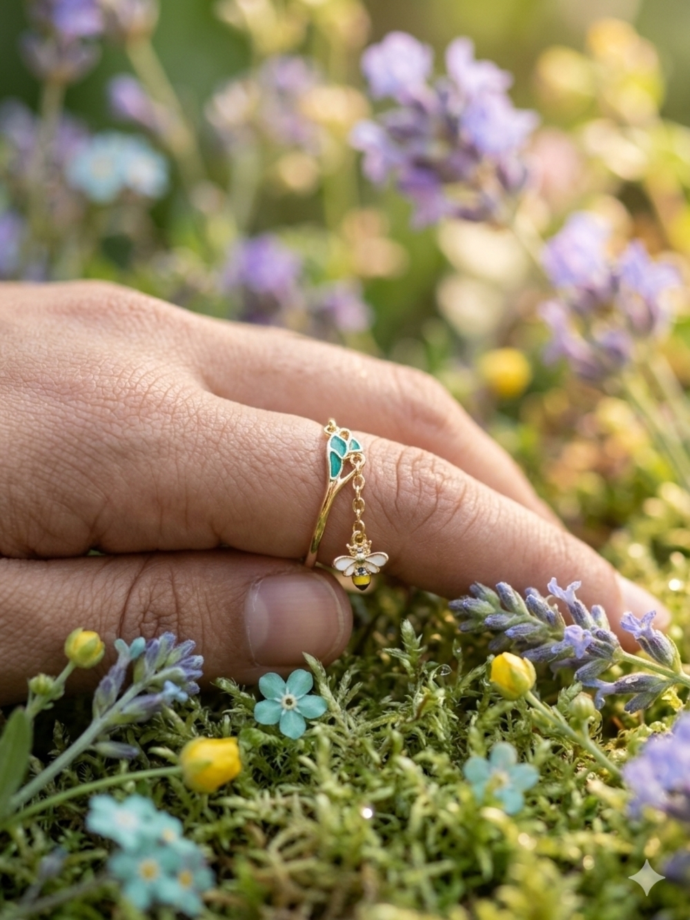 Gold Bee Charm Ring with Teal Enamel Accent - Women Jewelry